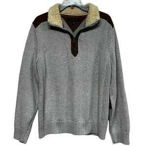 Tommy Hilfiger Men's Gray 1/4 Zip Sherpa Collar Sweater - Brown Suede Trim